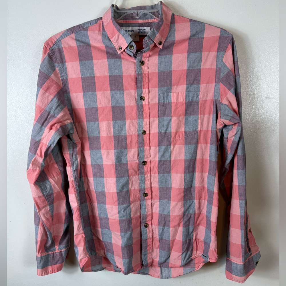 Old Navy Mens Button Down Shirt Plaid Everyday Regular Fit Medium Pink Gray Blue